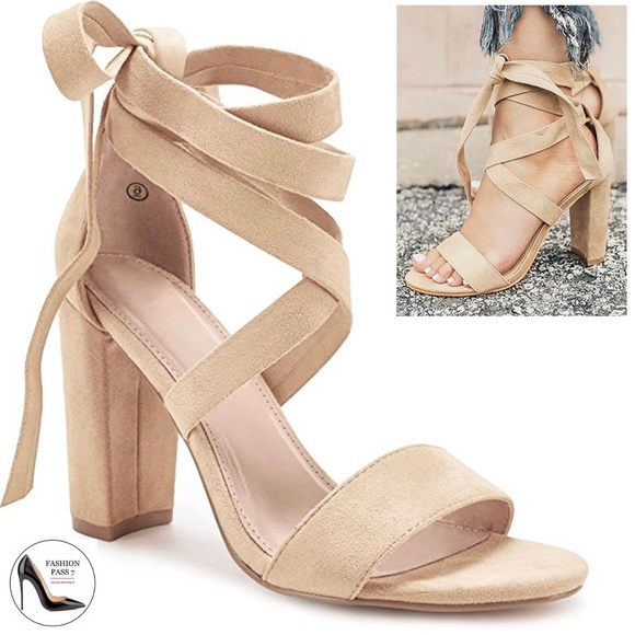 Beige Nude Chunky Ankle Strappy Sandal Pumps Lace Up High Heels Open Toe 10 - Picture 1 of 15